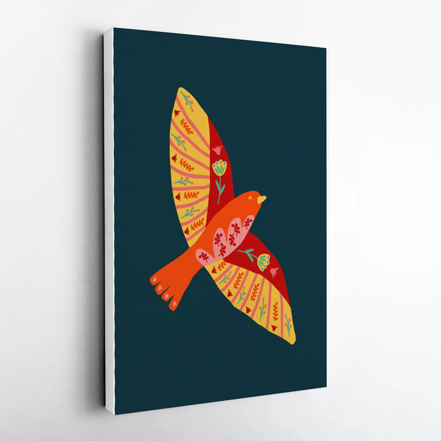 Folk Art Bird Canvas Print | Colorful Scandinavian Flying Songbird Illustration | Premium 1.25" Thick Gallery Wrap | Modern Boho Wall Decor Gift for Bird Lover