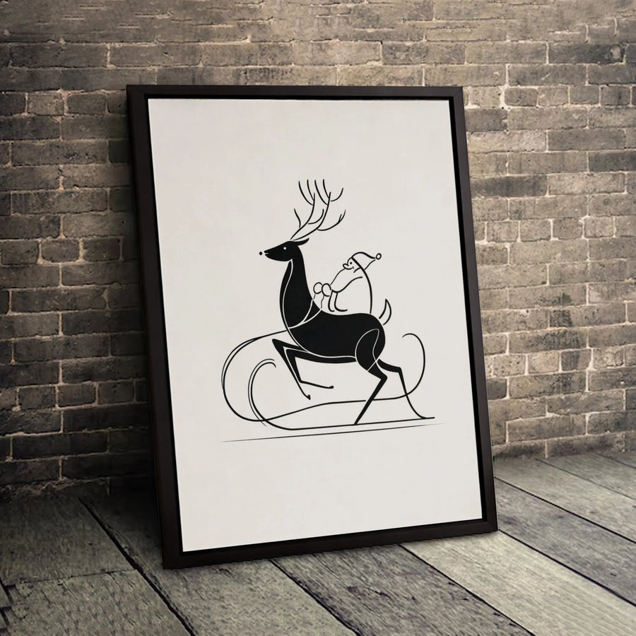 Minimalist Santa Reindeer Canvas Wall Art | Mid Century Line Drawing | Premium Gallery Wrapped Print | Modern Christmas Home Decor Gift