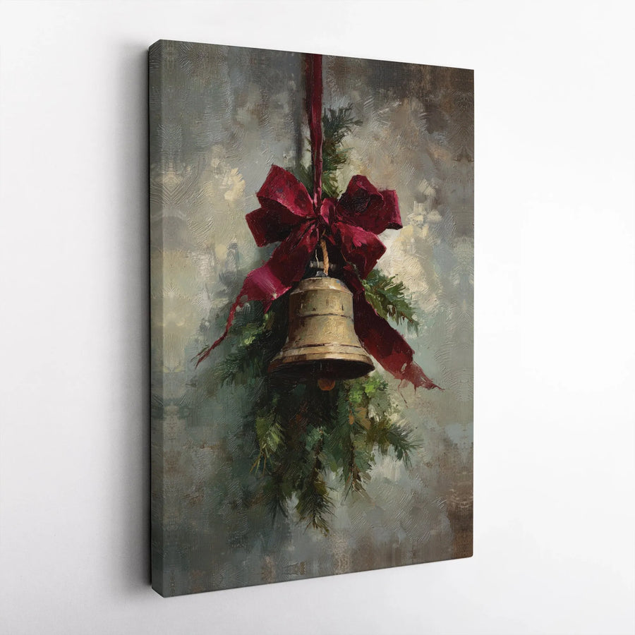 Vintage Christmas Bell Canvas Art | Festive Red Ribbon and Pine Decor | Premium Fade-Resistant Print | Holiday Wall Decor Gift for Home