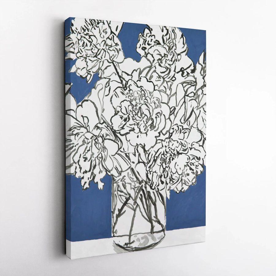 Abstract Floral Canvas Art | Blue and White Peony Sketch | Premium 1.25" Thick Gallery Print | Modern Botanical Home Decor Gift