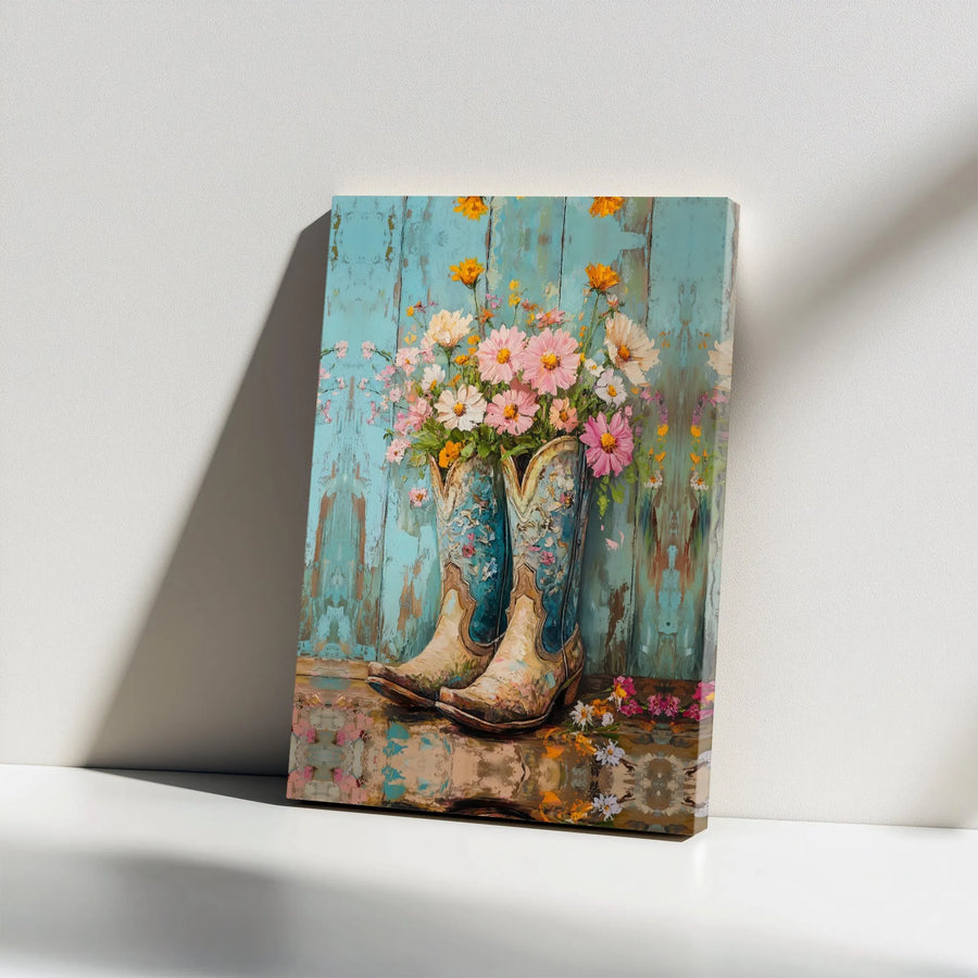 Rustic Cowboy Boots Canvas Art | Wildflower Bouquet Farmhouse Decor | Premium Gallery Wrap Wall Hanging | Western Country Home Gift