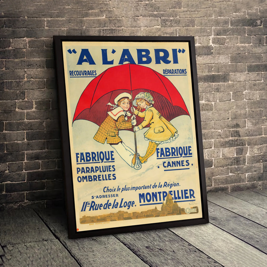 A L'Abri French Poster Canvas | Vintage Umbrella Advertisement Art | Premium Gallery Wrapped Print | French Country Home Decor Gift