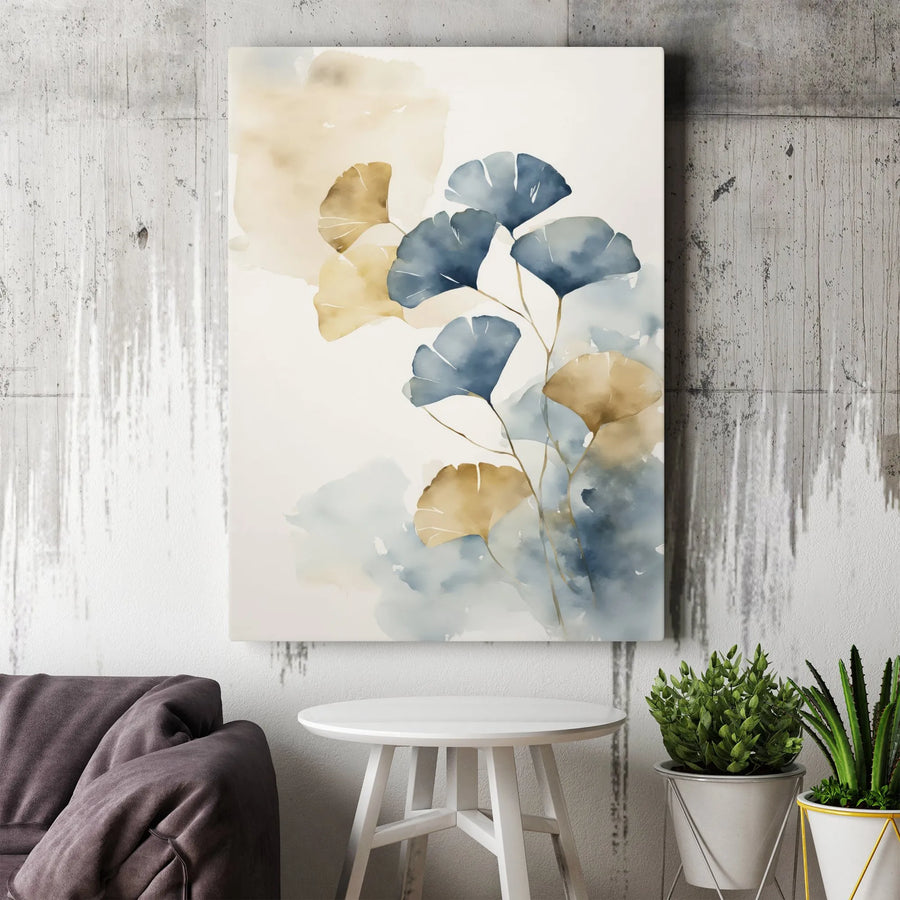 Ginkgo Leaf Wall Art | Watercolor Blue and Gold Botanical Canvas | Premium Gallery Wrapped Print | Modern Minimalist Home Decor