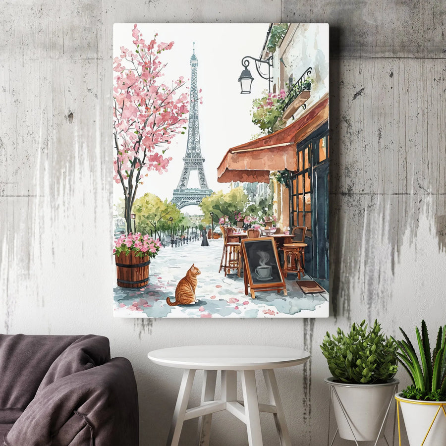 Paris Cafe Eiffel Tower Canvas | Watercolor Street Scene with Cat | Premium Frameless Wall Art | Romantic Living Room Decor Gift