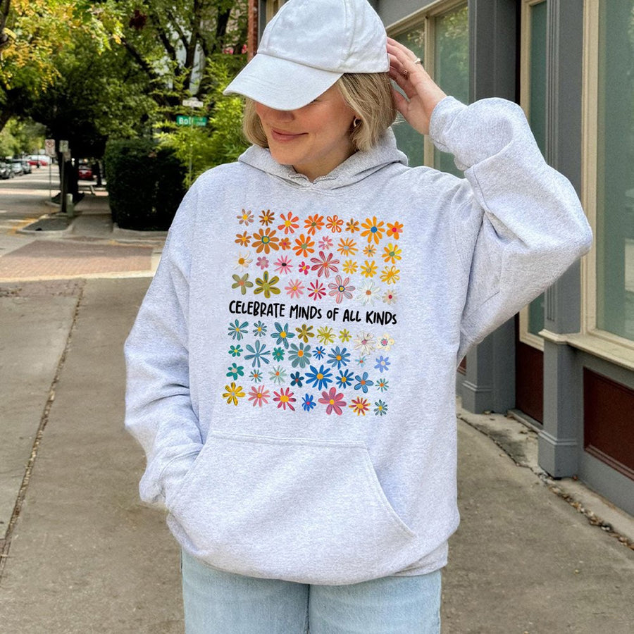 Celebrate Minds Of All Kinds Hoodie | Floral Neurodiversity Awareness Print | Premium Cotton Blend | Gift For Autism ADHD Acceptance Supporters