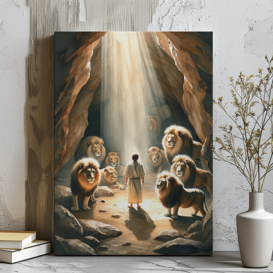 Daniel In The Lions Den Wall Art | Biblical Story Gallery Wrap Canvas | Premium Religious Home Decor | Inspirational Faith Gift For Christians