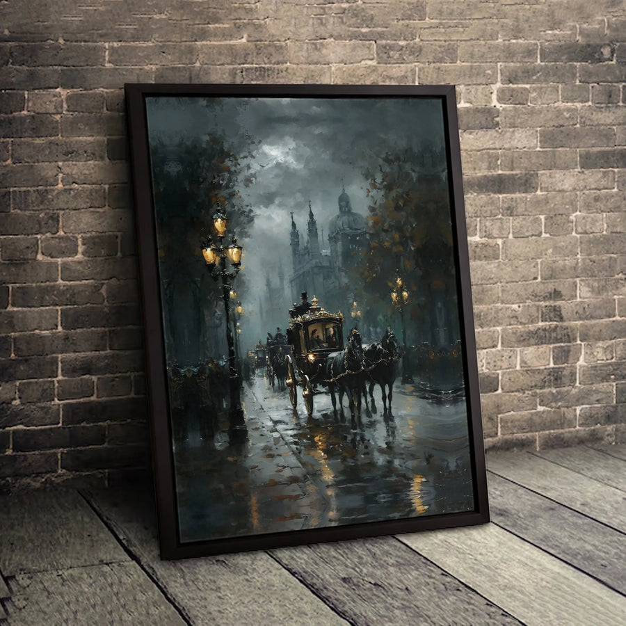 Gothic Victorian Cityscape Canvas | Rainy Night Horse Carriage Art | Premium Gallery-Wrapped Print | Moody Home Decor for History Lovers
