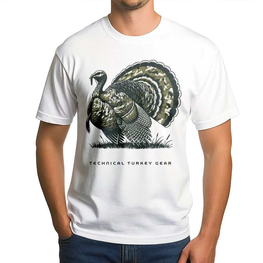Turkey Hunting T-Shirt | Vintage Strutting Gobbler with Camo Feathers Graphic | Premium Cotton Tee | Outdoorsman Gift for Hunters