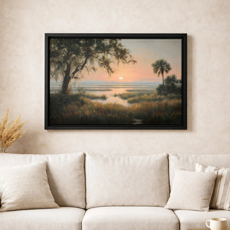 Southern Marshland Sunrise Canvas Art | Coastal Landscape With Spanish Moss | Premium Gallery Wrap Wall Decor | Nature Lover Gift