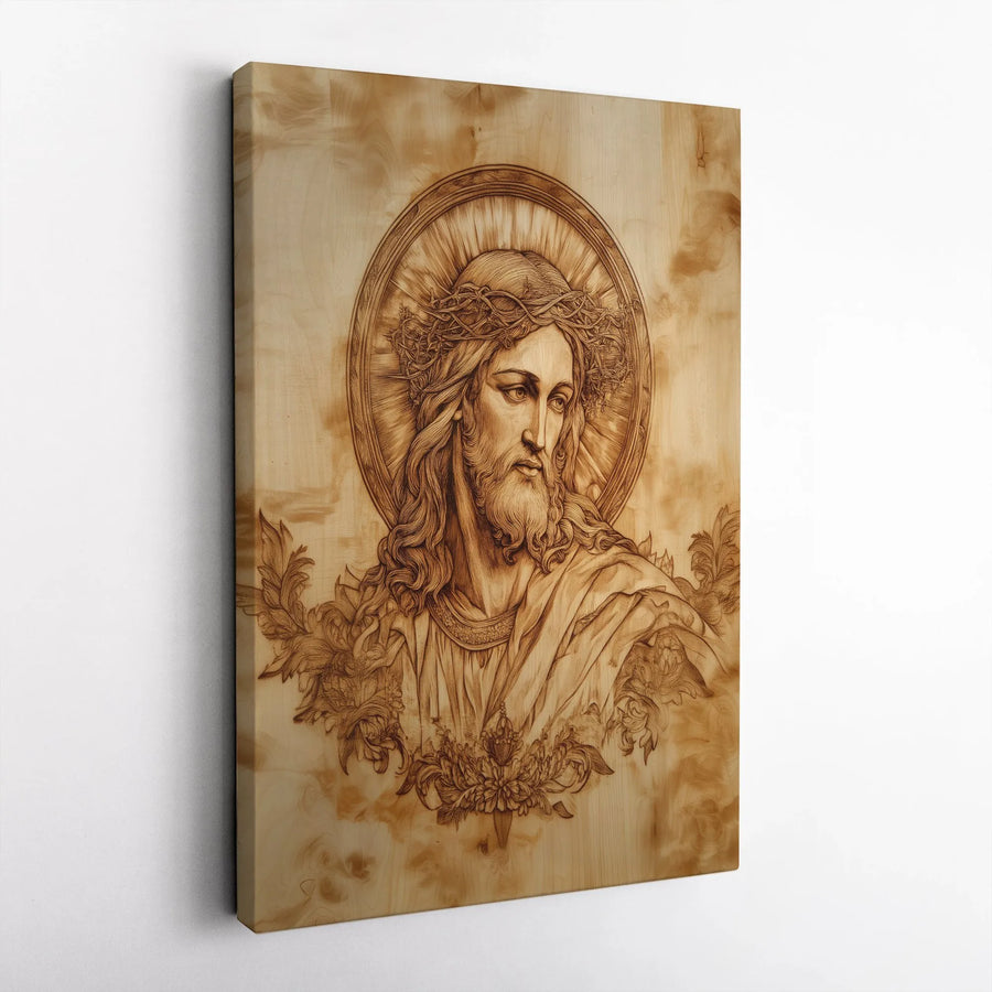 Jesus Crown of Thorns Canvas | Religious Wood Burn Style Wall Art | 1.25" Gallery Wrap Premium Print | Christian Home Decor Gift