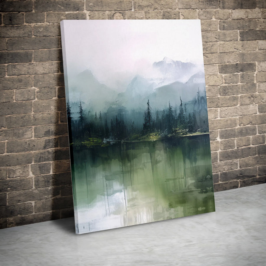 Misty Mountain Lake Canvas Print | Abstract Forest Landscape Wall Art | Premium Fade-Resistant Gallery Wrap | Modern Home Office Decor Gift