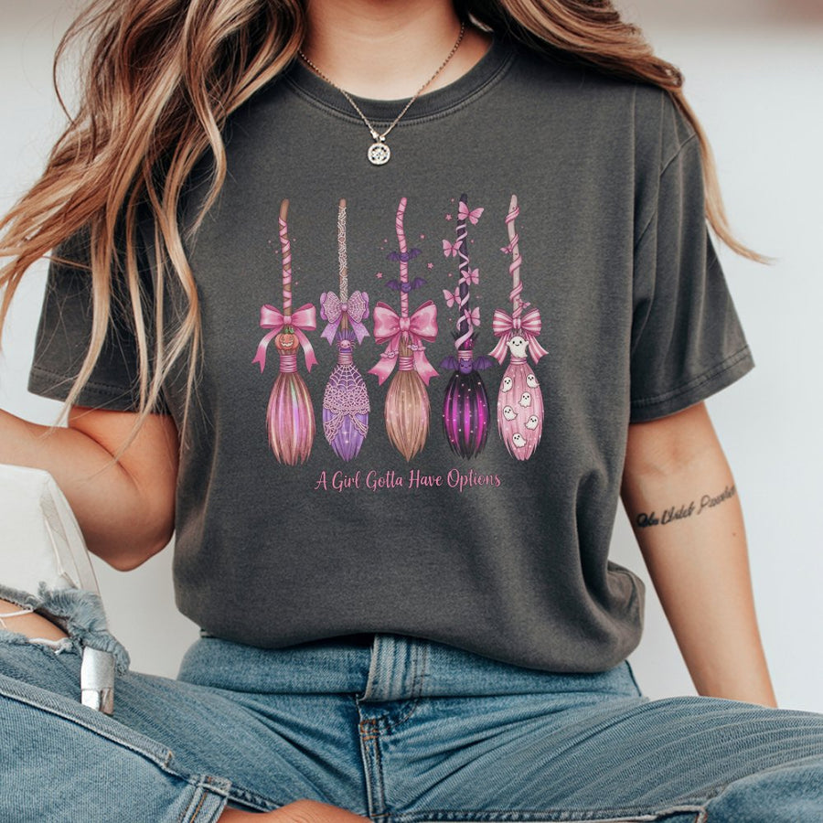 Pink Witch Broom T-Shirt | Coquette Aesthetic Halloween Design | 100% Cotton Premium Tee | Cute Spooky Season Gift For Her