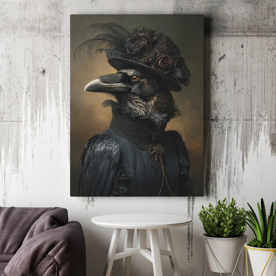 Gothic Crow Canvas Wall Art | Victorian Raven Portrait Painting | Premium Thick Gallery Wrap | Collector's Dark Academia Home Decor Gift