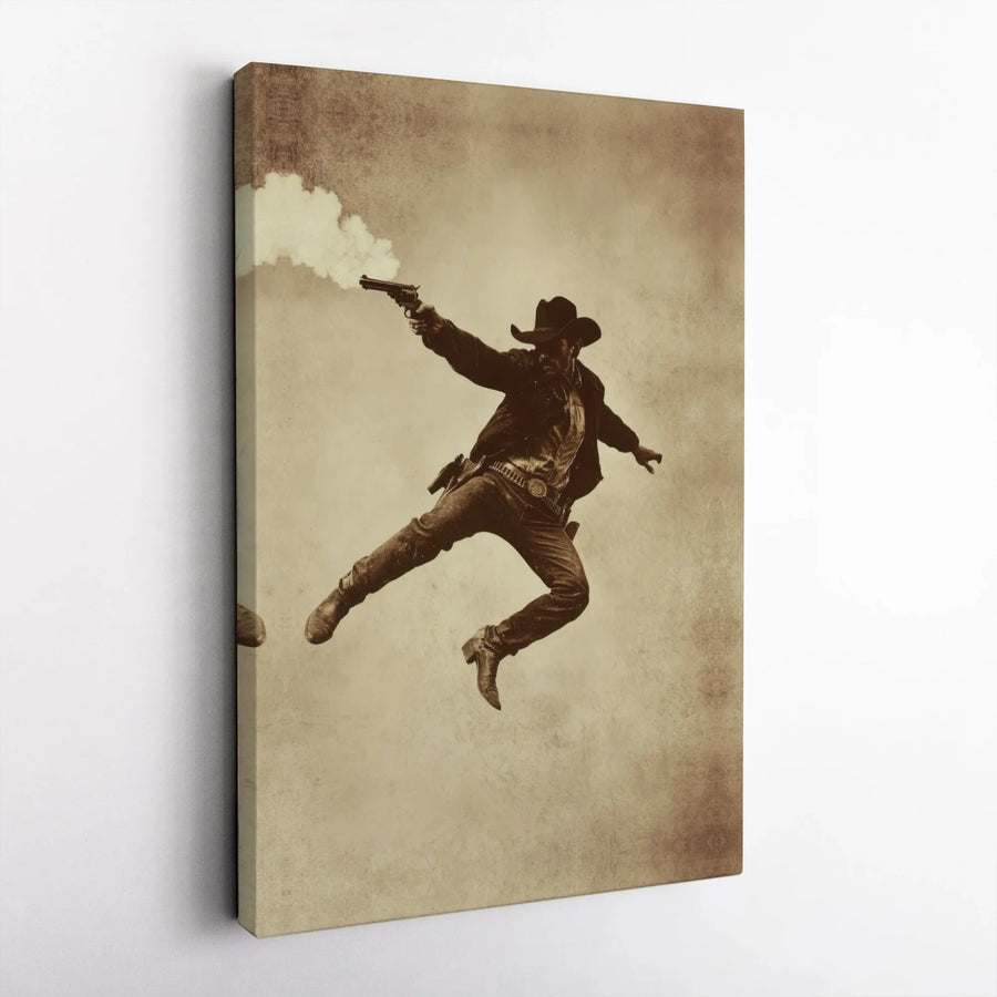 Western Cowboy Wall Art | Jumping Gunfighter Sepia Tone Print | Premium Gallery Wrapped Canvas | Vintage Americana Office Decor Gift