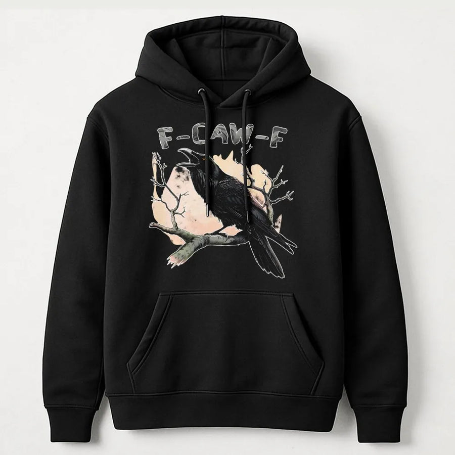 Raven Hoodie | Funny F-Caw-F Crow Graphic Design | Premium Cotton Blend Unisex Pullover | Bird Lover Gift & Cottagecore Apparel