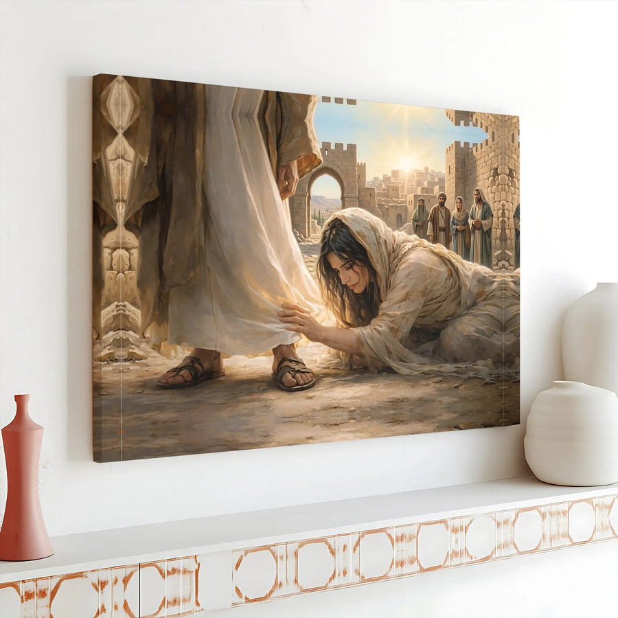 Jesus Healing Canvas Print | Woman Touching His Garment Biblical Art | Premium Gallery Quality Canvas | Christian Home Decor Gift