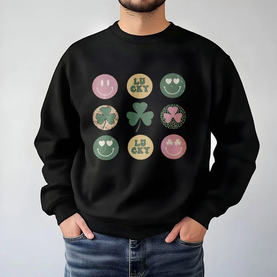 Retro St. Patrick's Day Sweatshirt | Groovy Lucky Clover Smiley Face | Premium Cotton Blend | Unisex Holiday Gift for Women and Men