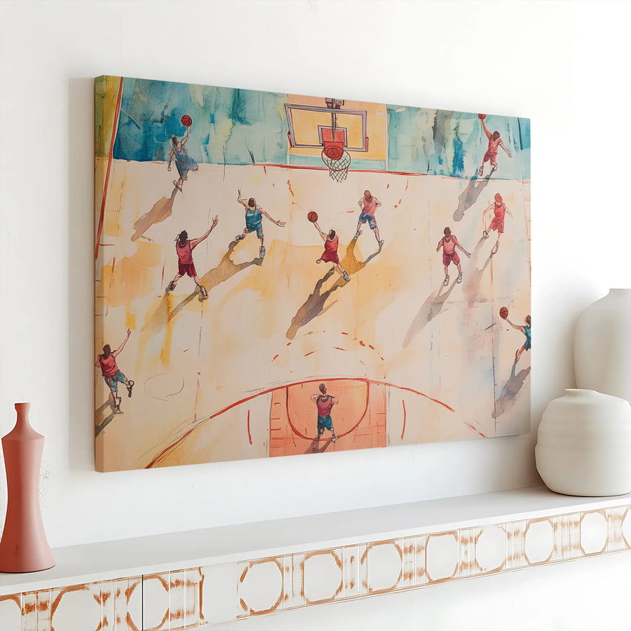 Basketball Canvas Wall Art | Watercolor Sketch Print of Court Game | Premium Gallery Quality Canvas | Sports Room Decor Gift for Player