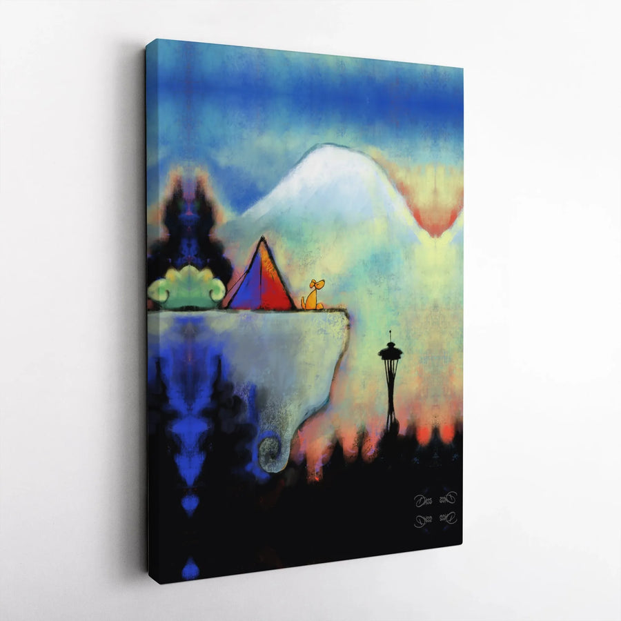 Seattle Space Needle Canvas Print | Abstract Dog & Mt Rainier Art | Premium Gallery Wrapped Canvas | Pacific Northwest Home Decor Gift