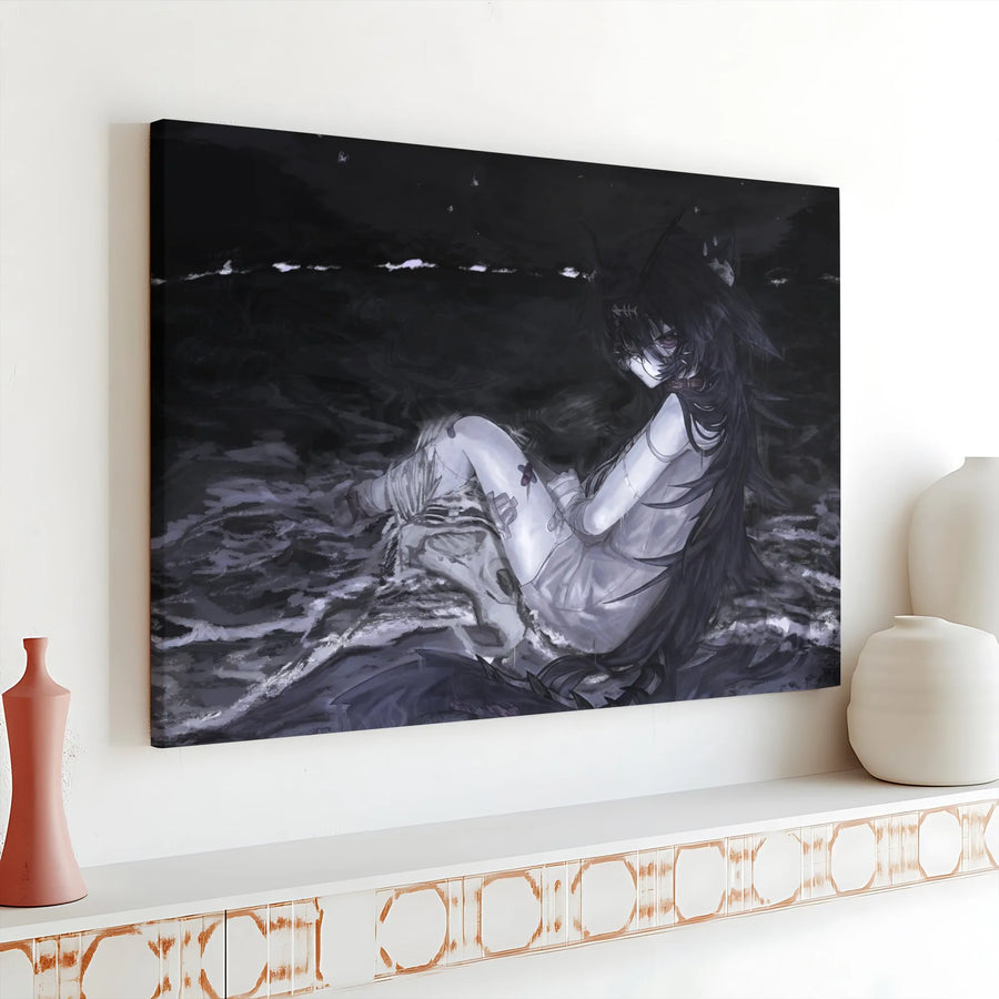 Gothic Anime Girl Canvas Art | Dark Fantasy Water Aesthetic Wall Decor | 1.25-Inch Gallery Wrap Print | Edgy Room Decor for Anime Fans