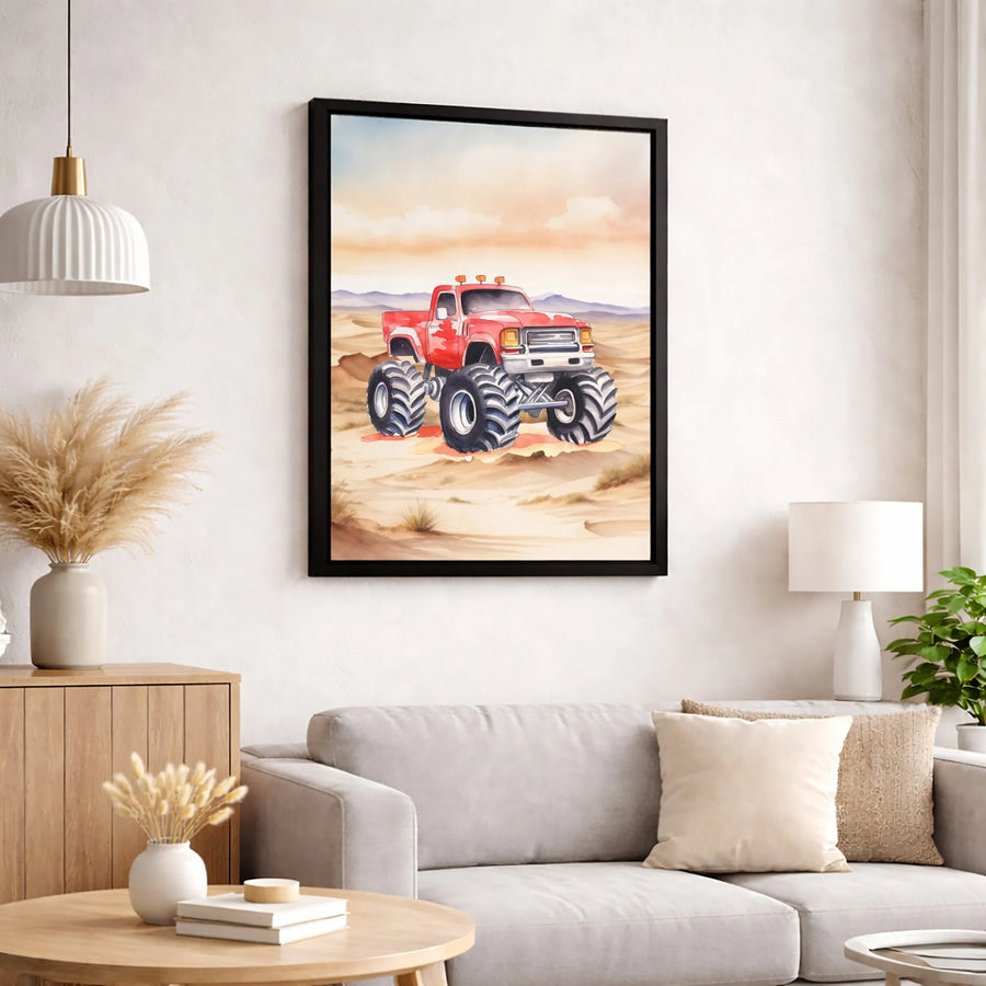 Watercolor Monster Truck Canvas Art | Red Off-Road Vehicle Desert Print | 1.25" Premium Gallery Wrapped Wall Decor | Gift For Boys Bedroom