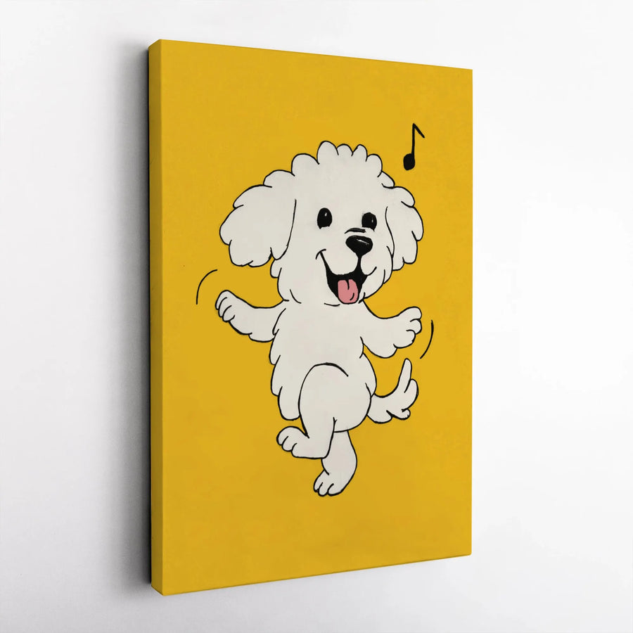 Dancing White Dog Canvas Art | Cute Cartoon Doodle Print | 1.25 Inch Gallery Wrap | Cheerful Yellow Nursery Decor Wall Art Gift