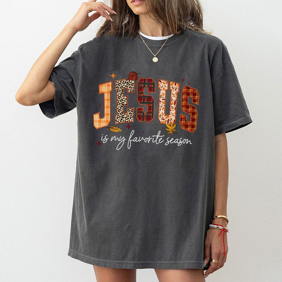 Jesus Is My Favorite Season T-Shirt | Fall Plaid Leopard Print Graphic | 100% Cotton Premium Tee | Christian Thanksgiving Faith Gift for Women