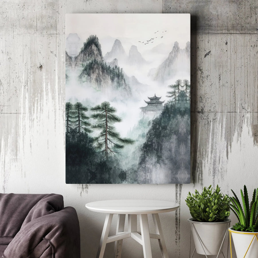 Chinese Ink Wash Mountain Canvas | Misty Pagoda Landscape Wall Art | Premium Gallery Wrap Decor | Serene Asian Zen Home Office Gift