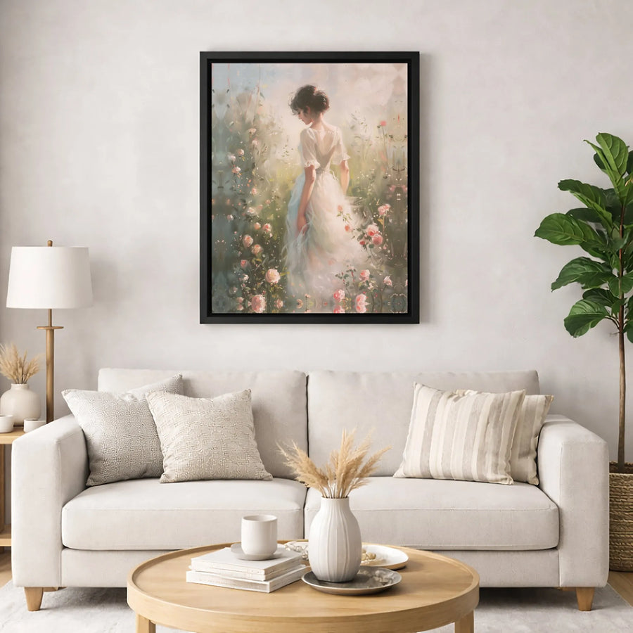 Ethereal Woman In White Dress Canvas Print | Romantic Rose Garden Wall Art | Premium Gallery-Wrapped 1.25" Profile | Whimsical Home Decor Gift