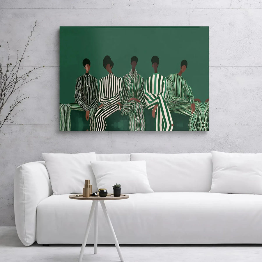 Modern Black Art Canvas Print | Five Seated Figures In Green Striped Suits | Premium Gallery Wrap Wall Decor | Contemporary Minimalist Home Gift