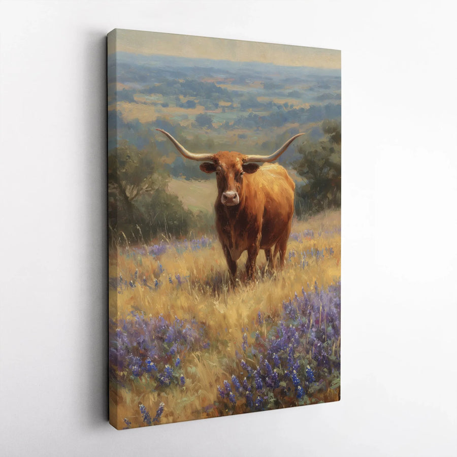 Texas Longhorn Canvas Wall Art | Hill Country Bluebonnet Meadow Landscape | Premium Gallery Wrap Print | Rustic Farmhouse Decor Gift