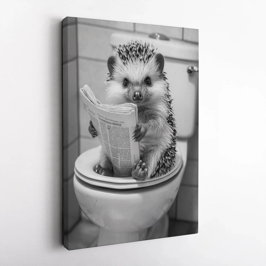 Hedgehog Reading Newspaper On Toilet Canvas Wall Art | Funny Bathroom Decor | Premium Gallery Wrap | Humorous Gift For Animal Lovers
