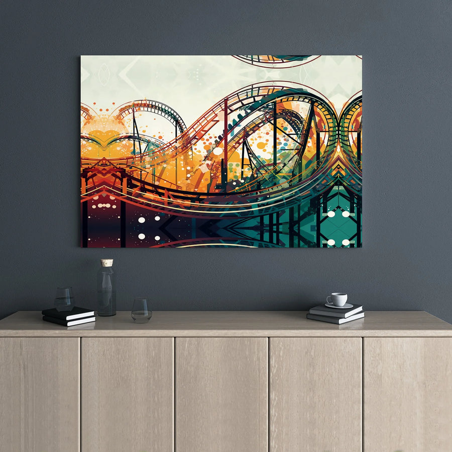 Roller Coaster Canvas Wall Art | Vibrant Abstract Theme Park Print | Premium Gallery Wrapped Decor | Modern Office Home Gift