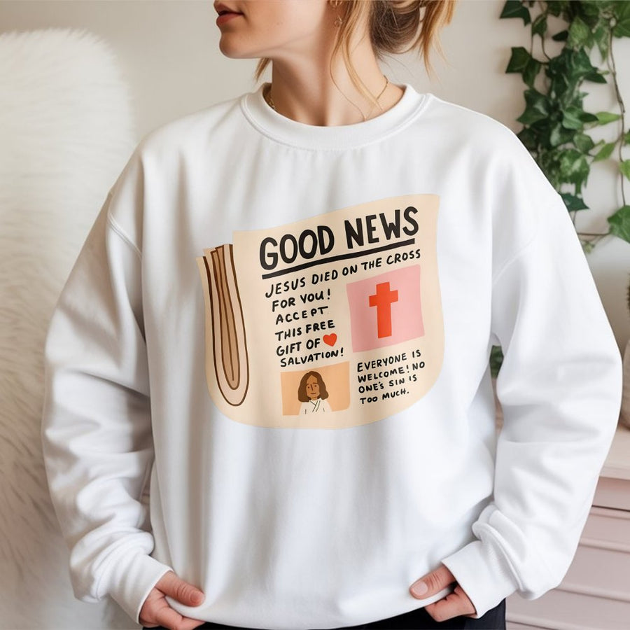Good News Christian Sweatshirt | Newspaper Design Graphic Print | Premium Cotton Blend | Faith-Based Religious Apparel Gift for Men Women