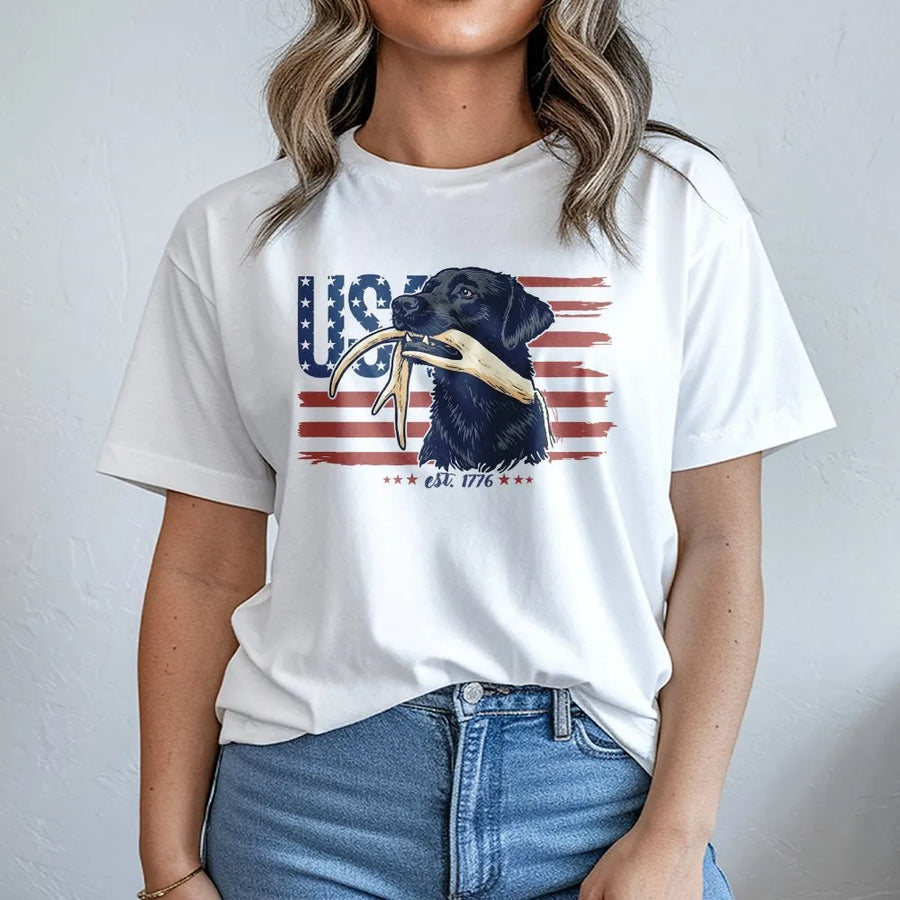Hunting Dog T-Shirt | Patriotic Retriever with USA Flag & Antler | Cozy Cotton-Poly Blend | Gift for American Deer Hunter