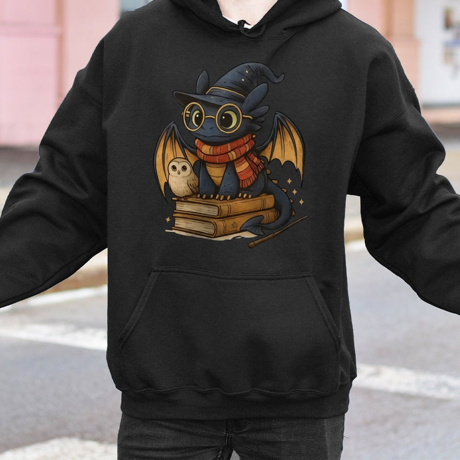 Wizard Dragon Hoodie | Cute Bookworm Fantasy Creature Graphic | Premium Soft Cotton Blend | Magical Reader Gift for Fantasy Lovers