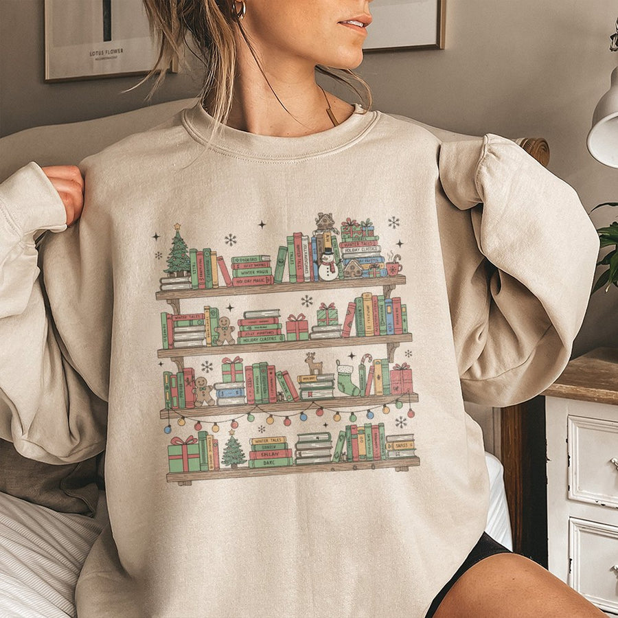 Christmas Bookshelf Sweatshirt | Festive Holiday Library Graphic | Premium Cotton Blend Crewneck | Cozy Gift for Readers, Librarians and Teachers