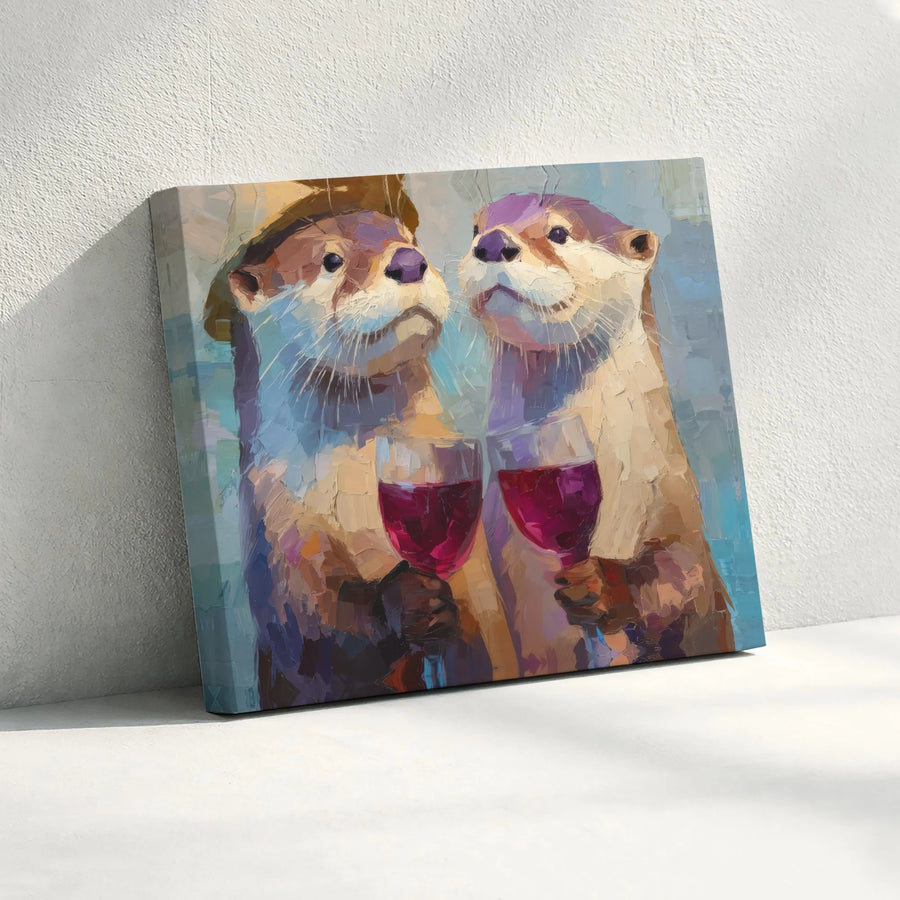 Otter Couple Wall Art | Whimsical Animals Toasting Wine Painting | Premium Gallery Canvas Print | Unique Home Decor Gift for Wine Lovers