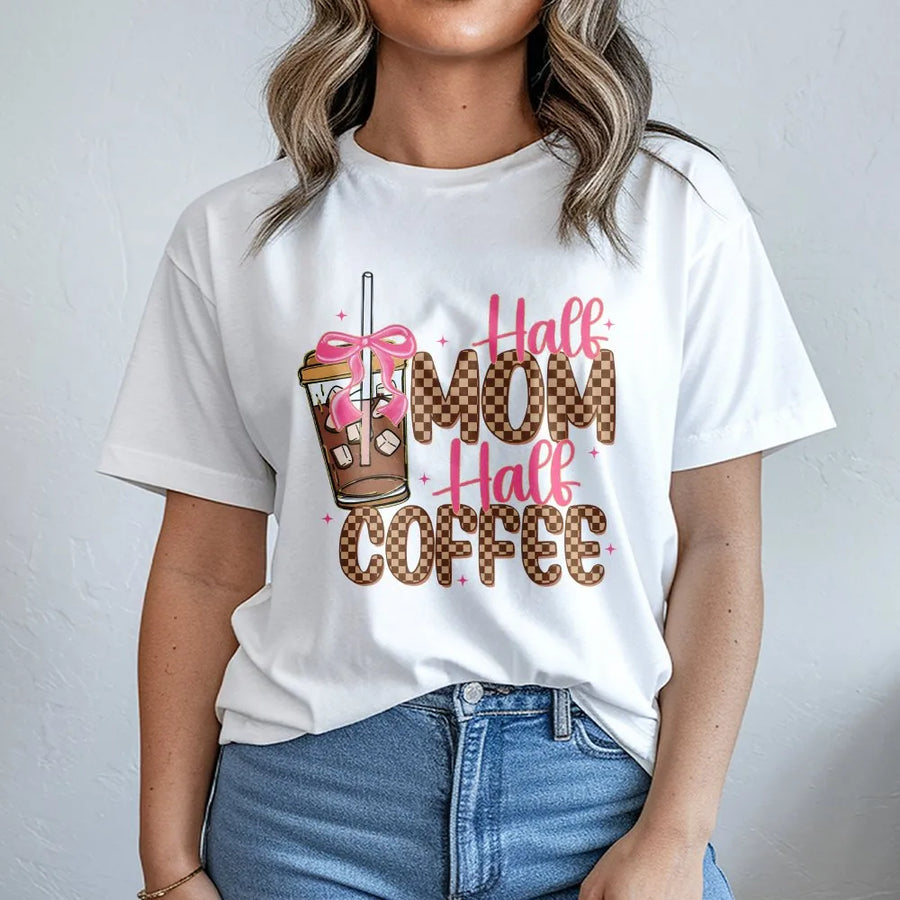 Half Mom Half Coffee T-Shirt | Retro Checkered Graphic with Coquette Bow | Premium Soft Cotton Blend | Funny Coffee Lover Gift for Mom