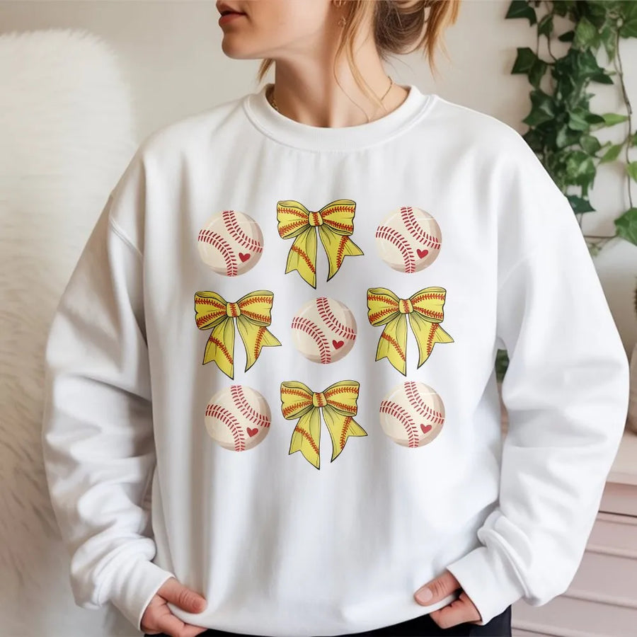 Softball Bow Sweatshirt | Baseball Heart Ribbon Graphic | Premium Cotton Blend Crewneck | Cute Sports Mom Gift for Baseball Season