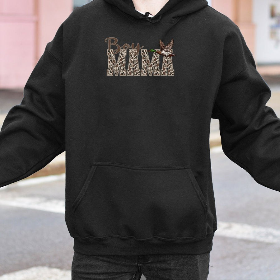 Boy Mama Hoodie | Mallard Duck Hunting Camo Print | Premium Cotton-Blend | Gift for Outdoorsy Mom