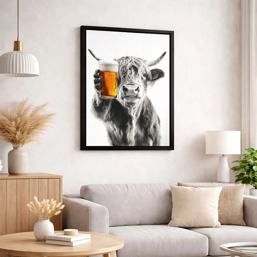 Highland Cow Beer Canvas Wall Art | Funny Farmhouse Animal Portrait | Premium Fade-Resistant Print | Unique Pub Decor Gift For Him