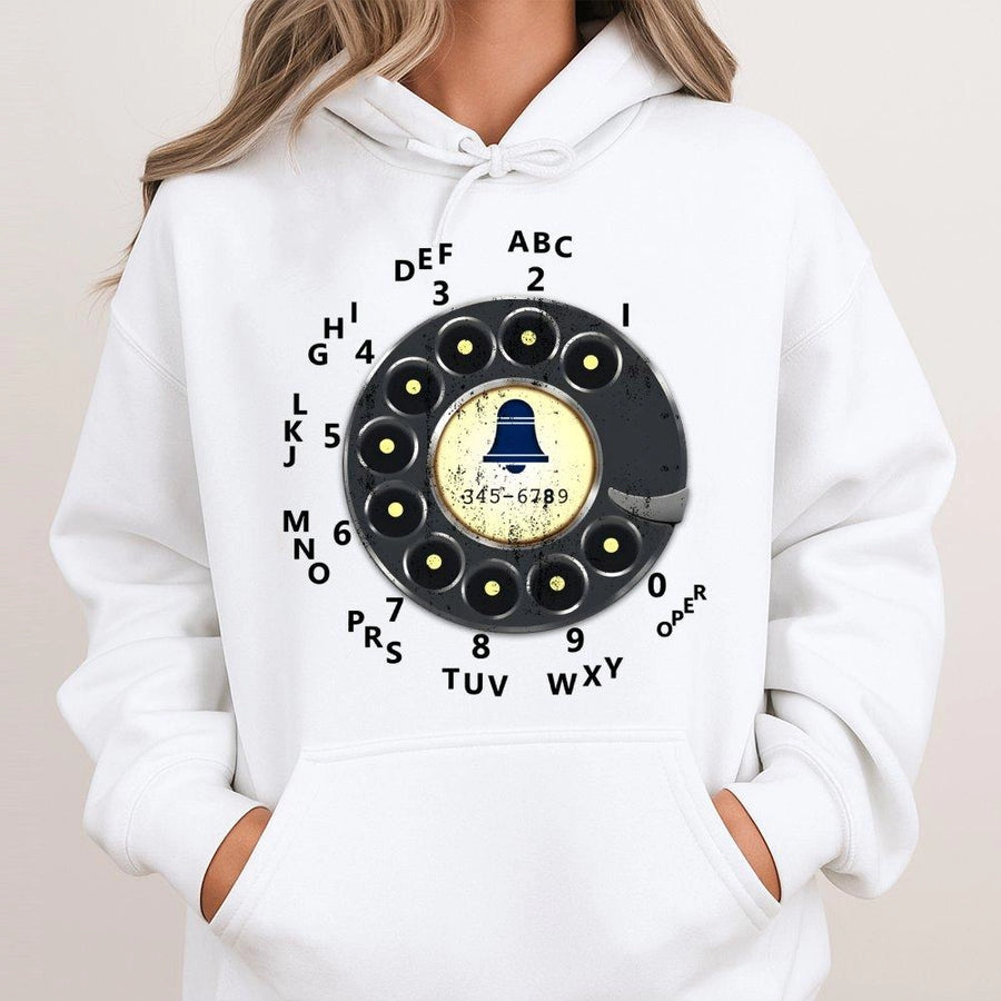 Vintage Rotary Phone Hoodie | Retro Telephone Dial Graphic | Premium Cotton Blend Unisex Sweatshirt | Gift for Tech Nostalgia Lovers