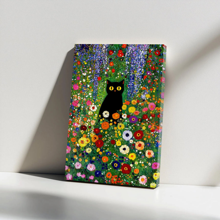 Klimt Style Black Cat Canvas Wall Art | Vibrant Floral Meadow Painting Print | Premium Thick Gallery Wrap | Unique Home Decor Gift for Cat Lover