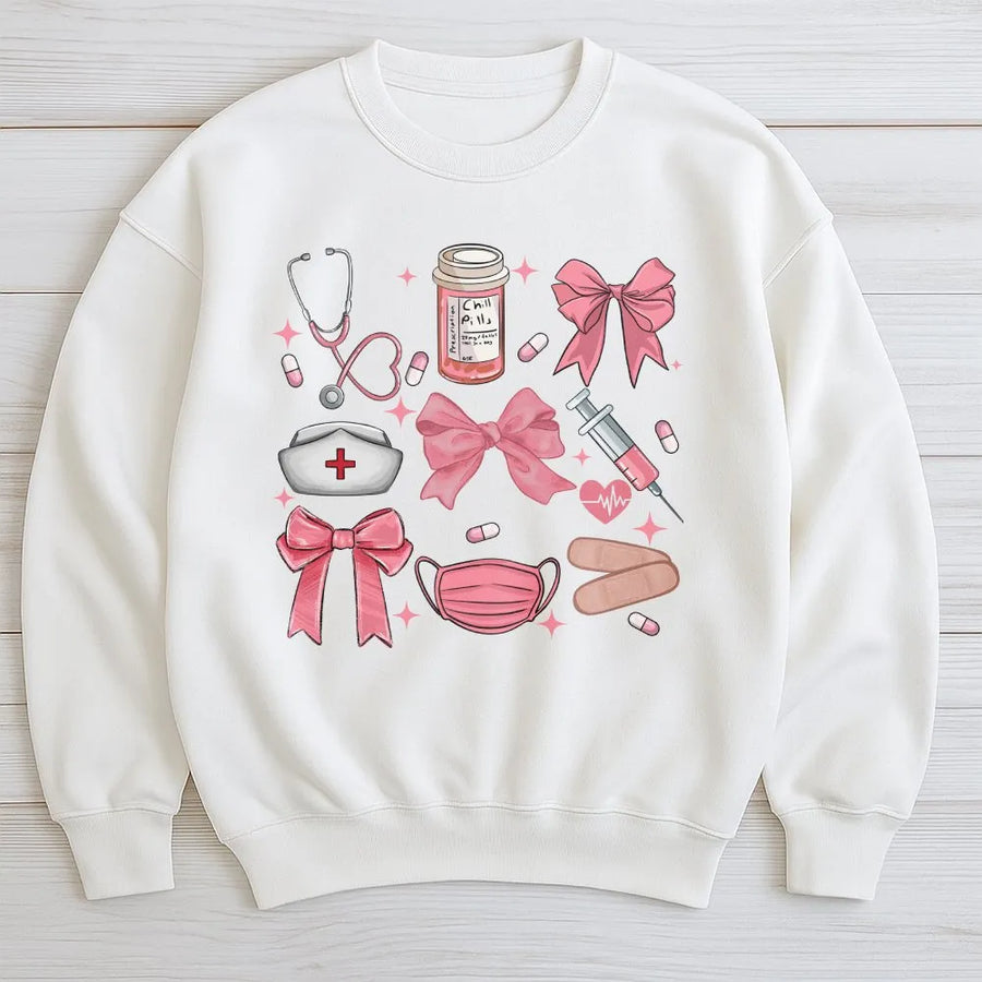Coquette Nurse Sweatshirt | Aesthetic Pink Bow Graphic Print | Soft Cotton Blend Crewneck | Gift for RN Nursing School Student