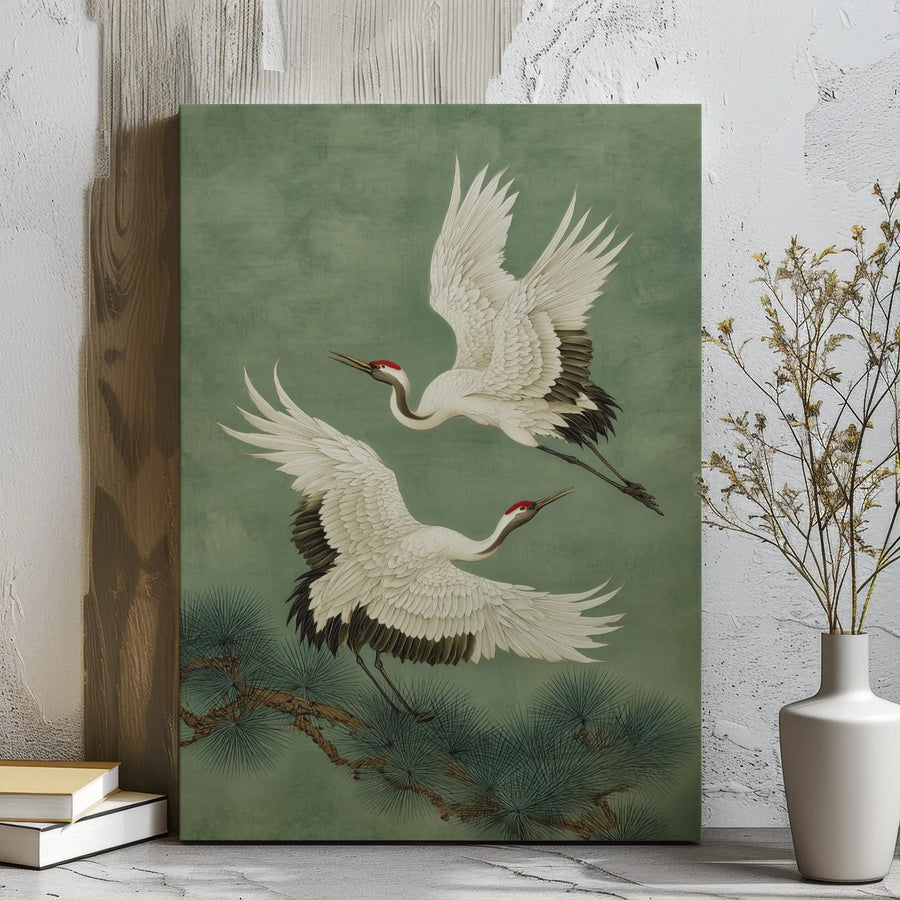 Japanese Red-Crowned Crane Wall Art | Vintage Asian Nature Canvas Print | Gallery-Wrapped Premium Decor | Zen Home Office Gift for Art Lovers