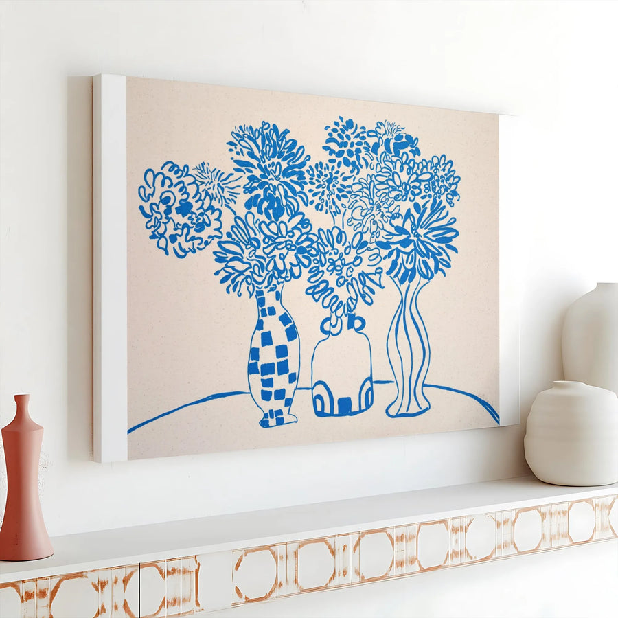 Modern Floral Line Art Canvas Wall Art | Minimalist Blue Still Life with Three Vases | Premium 1.25" Gallery Wrapped Canvas | Modern Boho Living Room Decor Gift