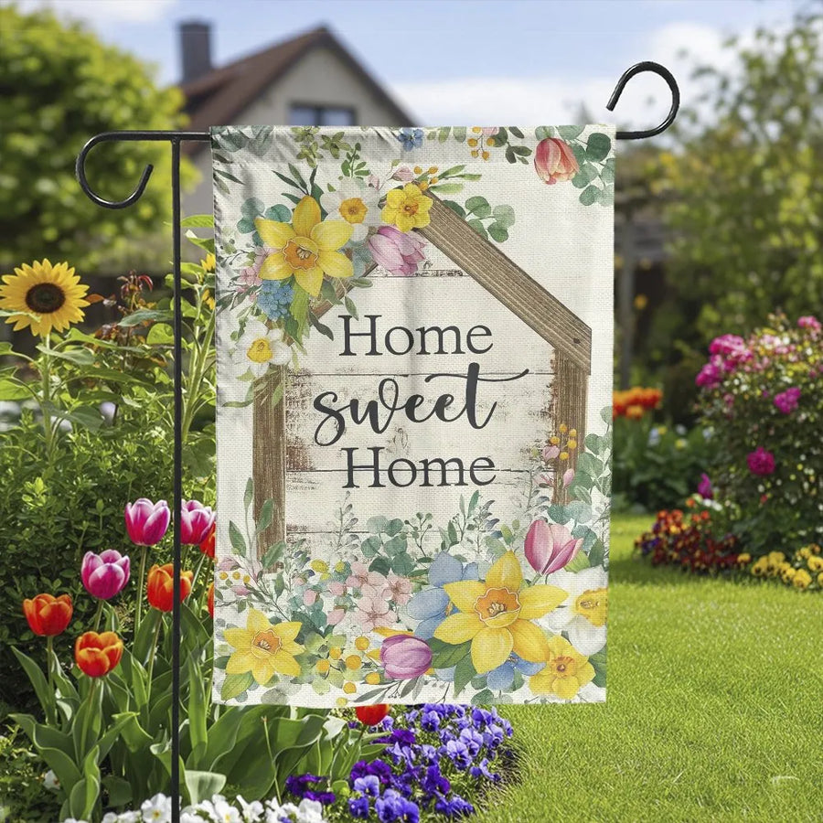 Home Sweet Home Garden Flag | Watercolor Spring Floral Design | Double Sided Polyester | Welcoming Housewarming Gift for New Homeowner