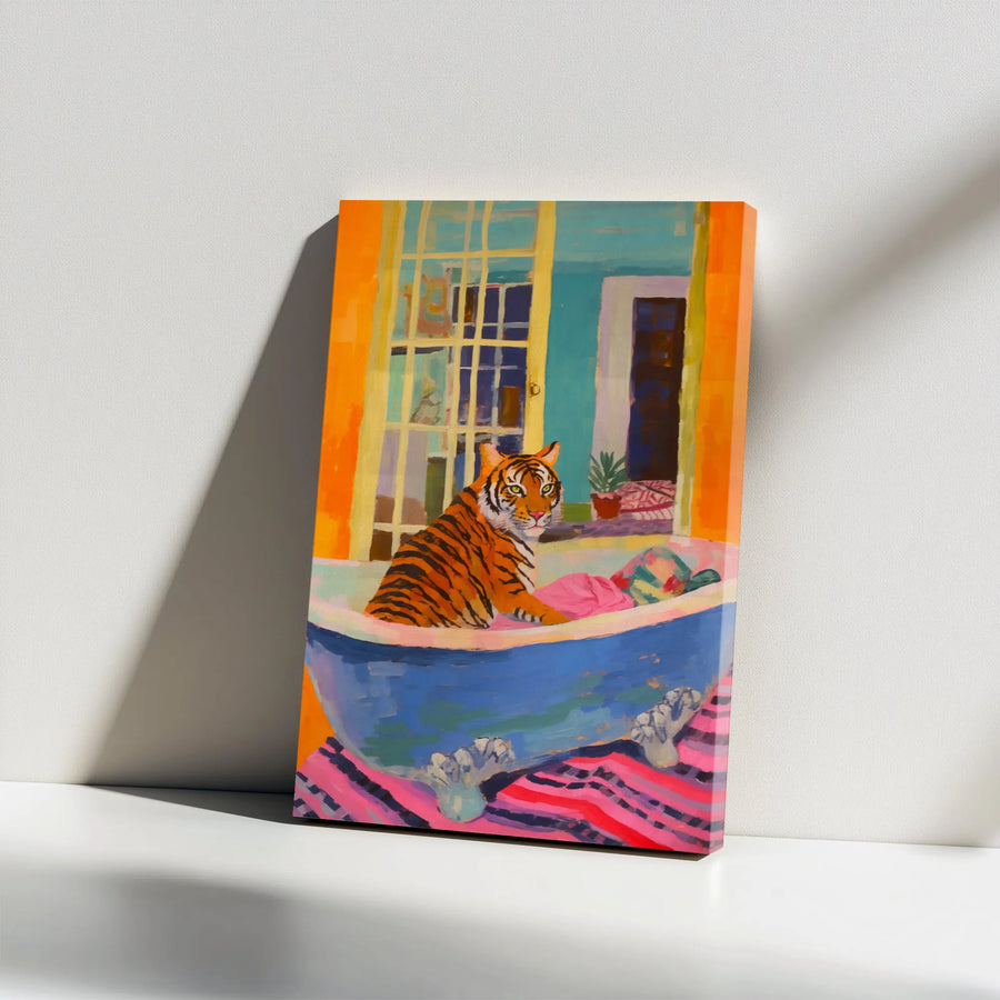 Tiger in Bathtub Canvas Wall Art | Quirky Bathroom Decor | Premium Frameless Print | Unique Gift for Animal Lover