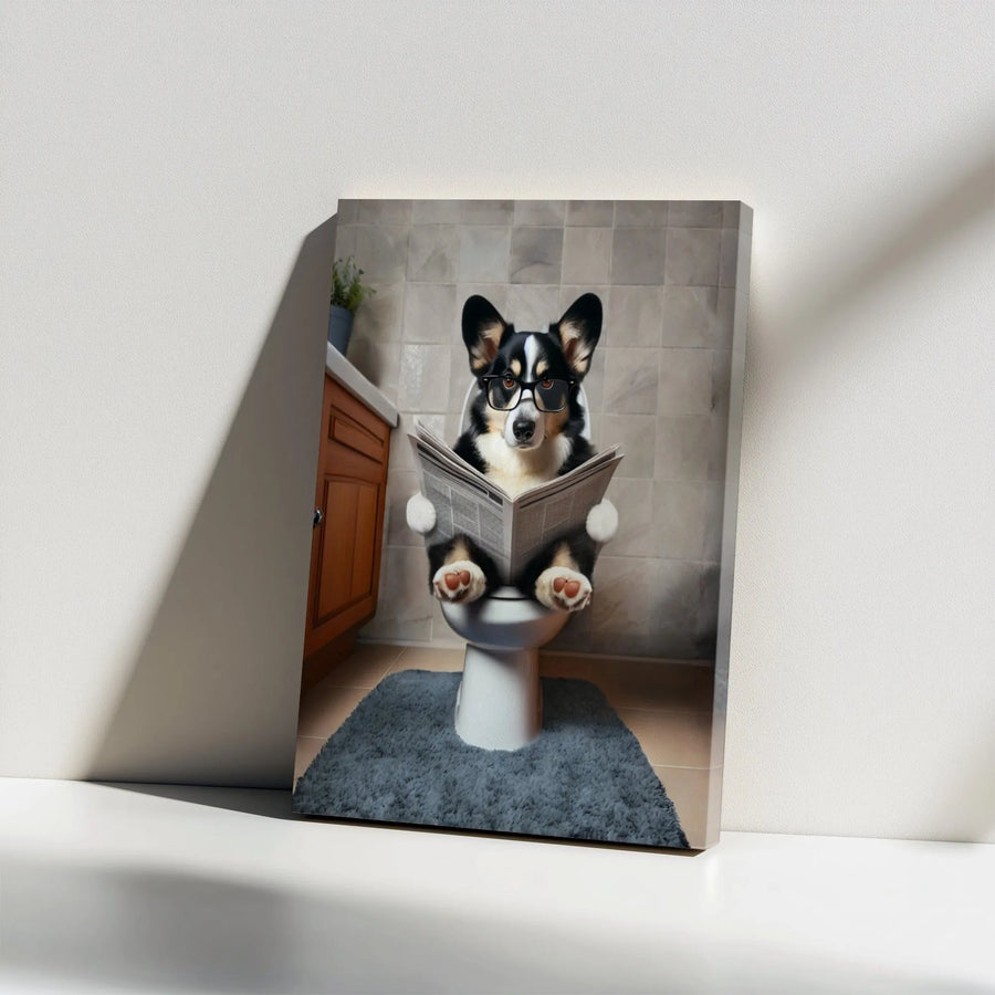Corgi Toilet Humor Wall Art | Funny Dog Reading Newspaper Portrait | Premium Gallery Wrapped Canvas | Quirky Bathroom Decor Gift